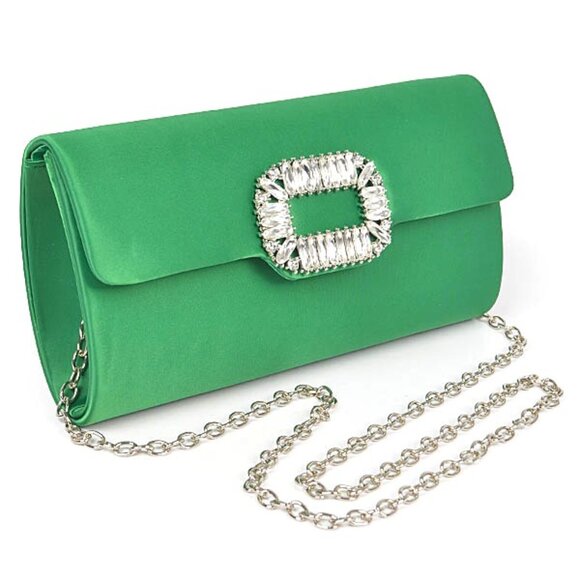 BNWT Brand New Crystal Buckle Convertible Green Satin Clutch - Picture 1 of 5